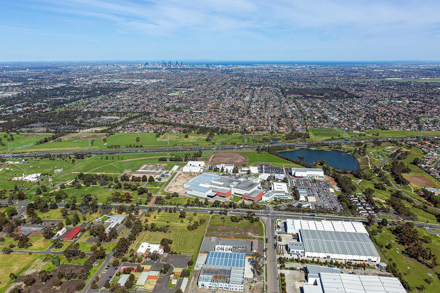 Services aerial image of an industrial property with downtown Melbourne, Australia in the background