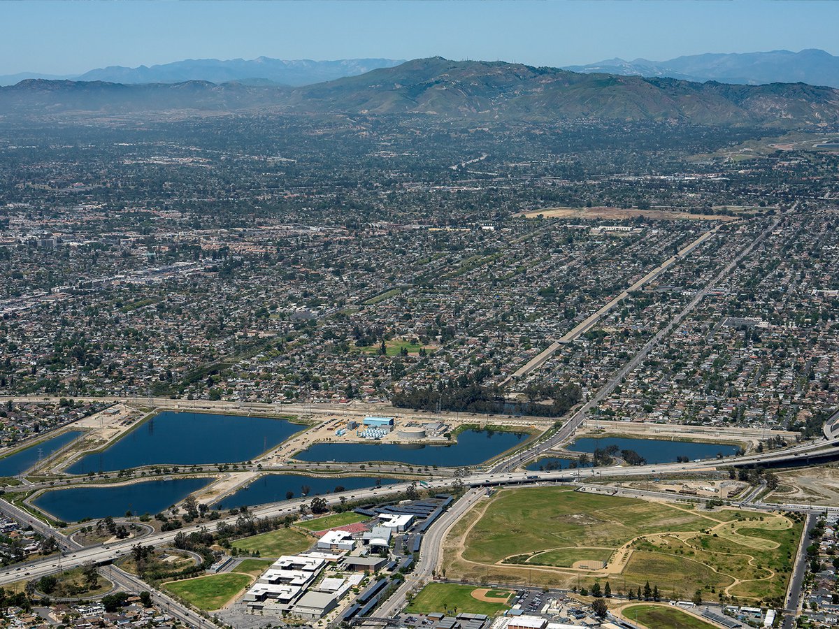 The Tujunga Spreading Grounds dominate the landscape, illustrating the vital role they play in replenishing the aquifers beneath the San Fernando Valley Groundwater Remediation project.
