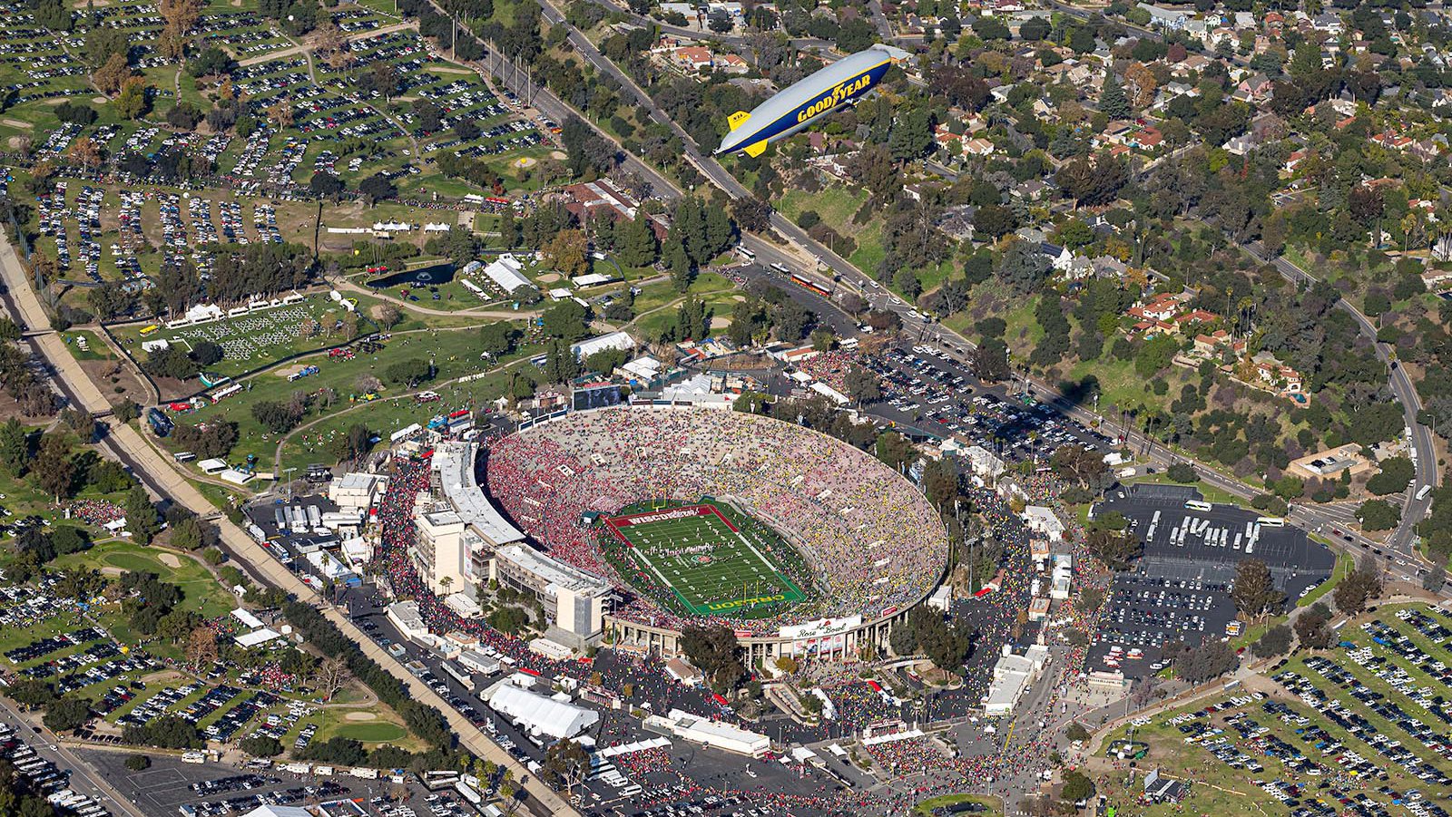 Blog image of the Goodyear Blimp Flying over the Rose Bowl Stadium on New Year's Day 2020 in Pasadena, California