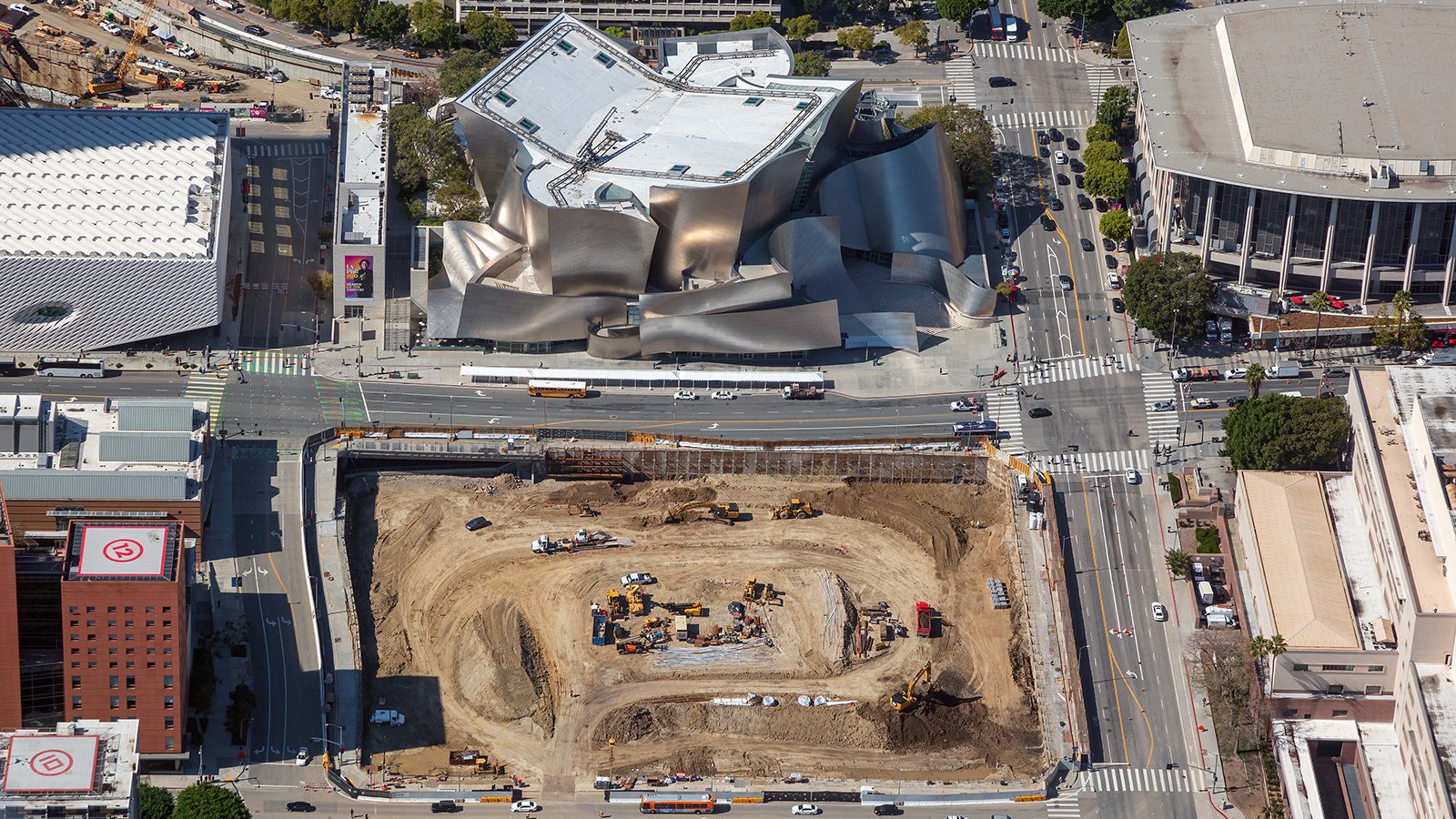 Aerial blog photo of DTLA's The Grand construction, which is across the street from the Walt Disney Center, The Broad, and the Dorothy Chandler Pavilion