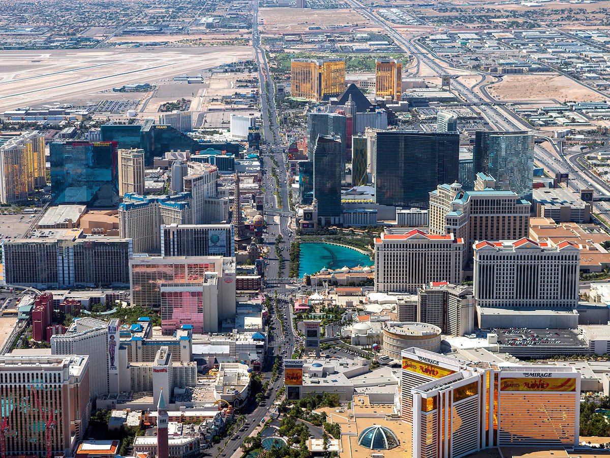 Blog image showing an aerial view of the Las Vegas Strip looking towards McCarran International Airport in Las Vegas, Nevada