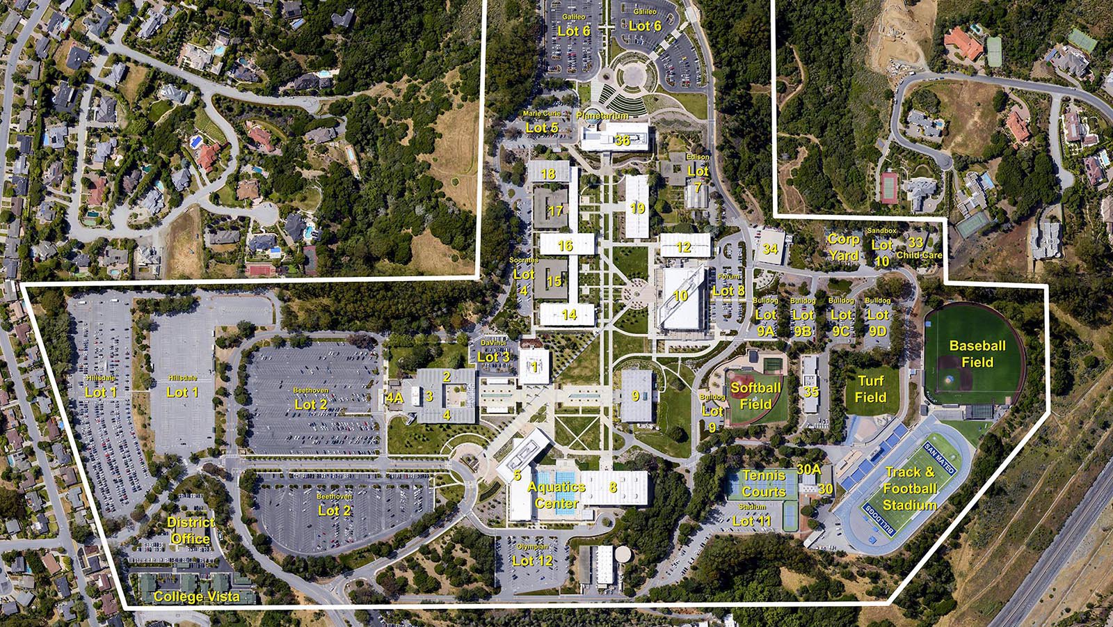 Services aerial vertical photo of the College of San Mateo, which was labeled and delivered as an aerial photo map