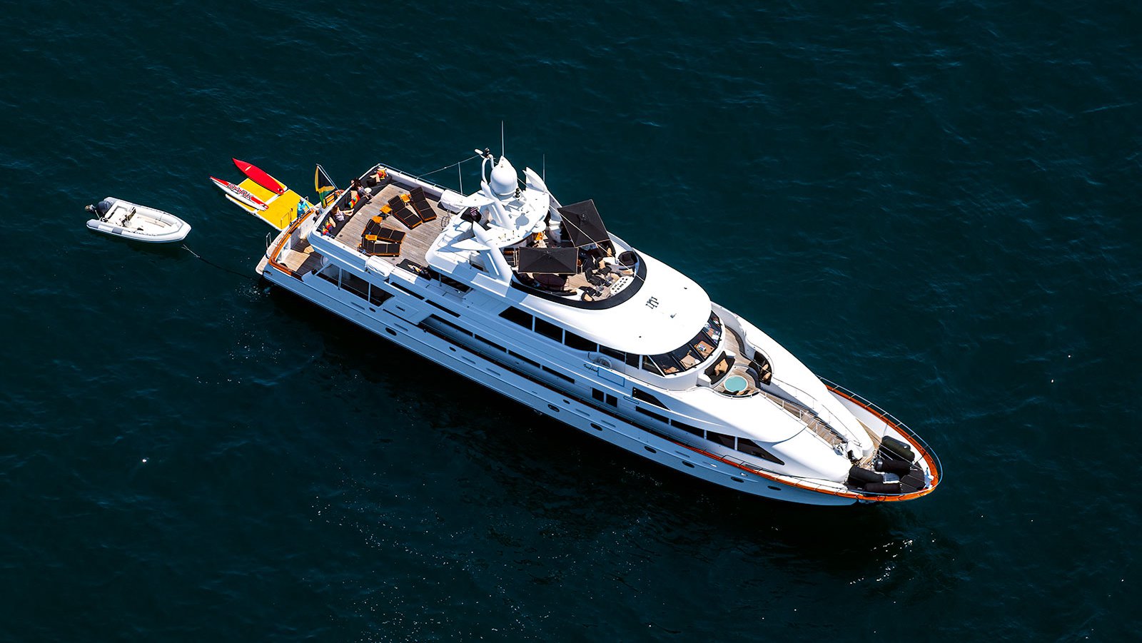 Close-up blog photo of megayacht "Inspired" anchored in Emerald Bay in Laguna Beach, California