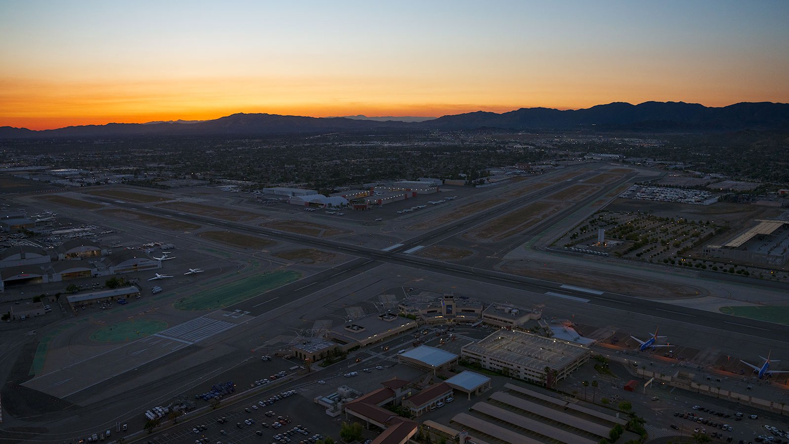 Blog photograph from helicopter flight of Burbank Airport at sunset