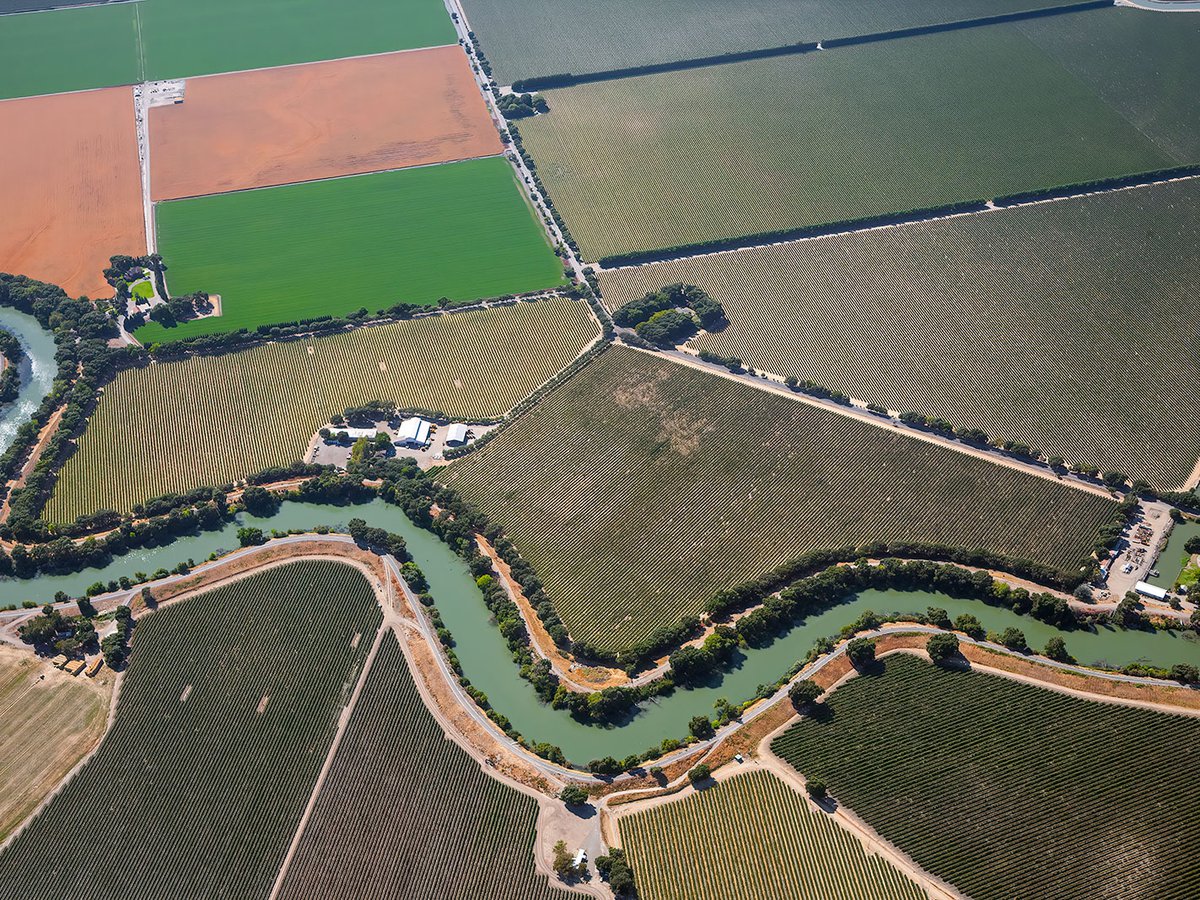 Aerial photo showing the Sacramento River as it twists and turns through the geometrically arranged agricultural fields of Sacramento, California, highlighting the region's vital importance in providing not only food but also economic prosperity.