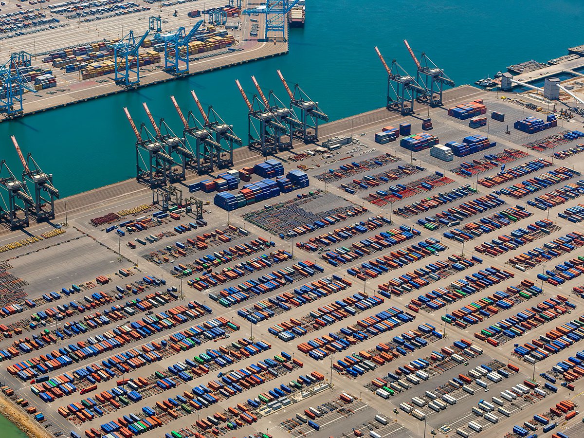 Aerial photo of shipping containers and cranes at the Port of Los Angeles in San Pedro, California