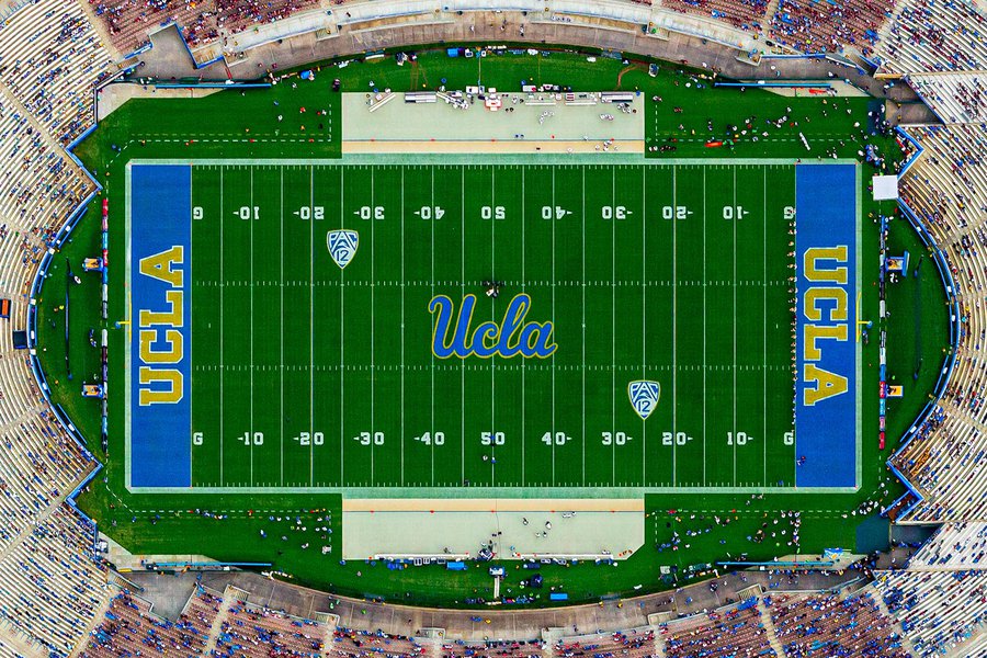 Close-up blog image of the Rose Bowl Stadium Field just before the UCLA & Texas A&M NCAA football teams begin their match