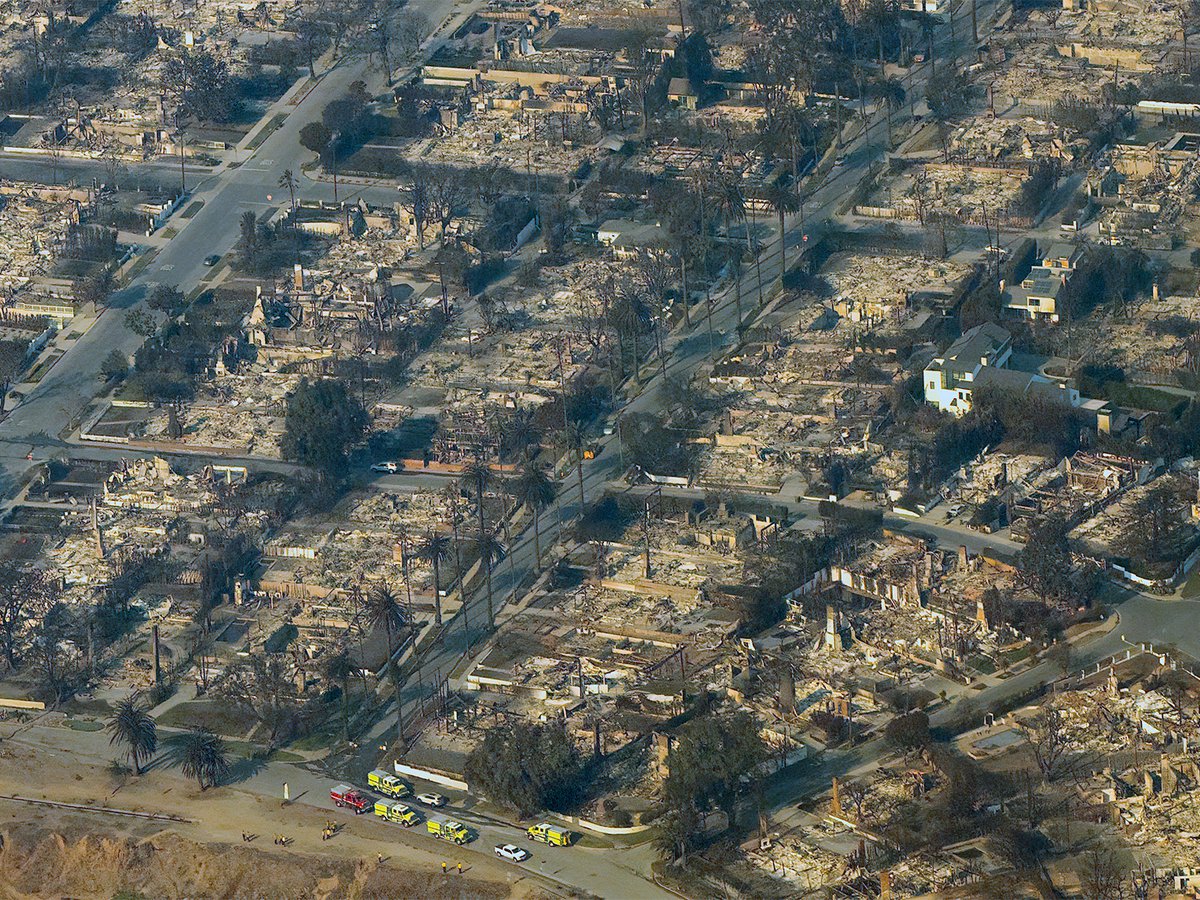 Aerial view of the Palisades Fire aftermath reveals widespread destruction, with charred remains and ash covering a once-thriving Pacific Palisades community.